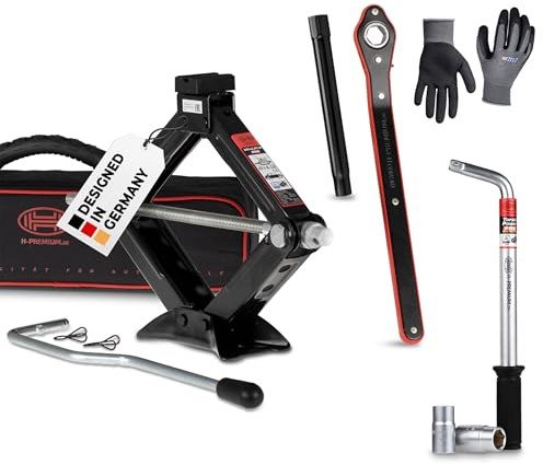 HEYNER® Wagenheber 1,5t Traglast Scherenwagenheber Set mit Radmutternschlüssel & Montagehandschuhe drehbarer Sattel und Gummiauflage TÜV & GS, 104–380mm