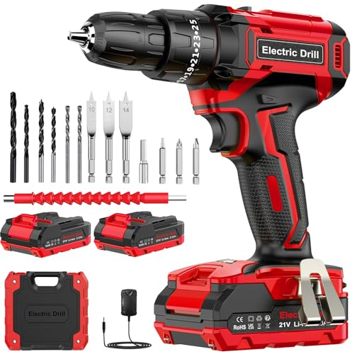Avvitatore a Batteria 21V, Trapano Avvitatore Batteria con 2 Batterie da 2.0Ah, 42N.m Trapano Percussione, 25+3 Coppie, 2 Velocità, 14 Accessori, Luce a LED Per Fai da te, Casa e Giardino