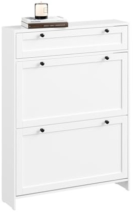 SoBuy Schuhkipper Schmal, Schuhschrank Weiss, Bis zu 8 Paar Schuhe, Mit Schubladen und Klapptüren, Flur Möbel Ideal für Kleine Wohnungen, 80cm x 19cm x 107cm, FSR207-W