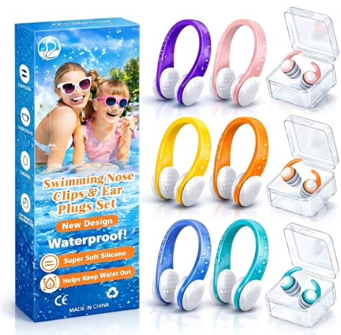 Clip Nasali e Tappi per Orecchie da Nuoto, Set da 9 Pezzi, 6 Clip Nasali e 3 Paia di Tappi in Silicone, per Bambini e Adulti, Impermeabili, con Scatola Portaoggetti, Multicolore