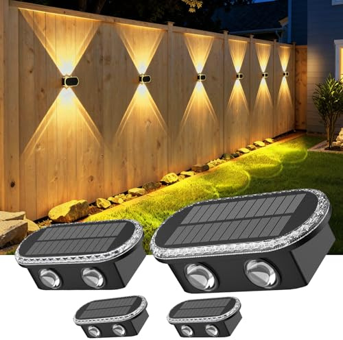 ELLASAY Solar Fence Lights Outdoor, 4-Pack Solar Up and Down Wall Lights with Dual LEDs, IP65 Waterproof & 3 Colour Modes with Crystal Cut Design, Garden Patio Pathway Decorations