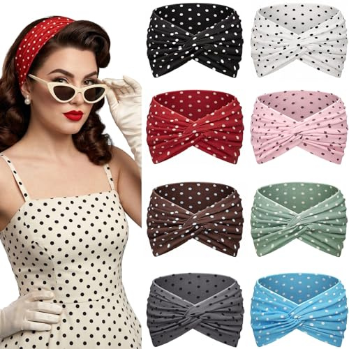 AWUMBUK Breda turban pannband för kvinnor, 8-pack knutna hårband, flerfärgade vintage huvudomslag, 18 cm breda stretchiga hårtillbehör (röd)