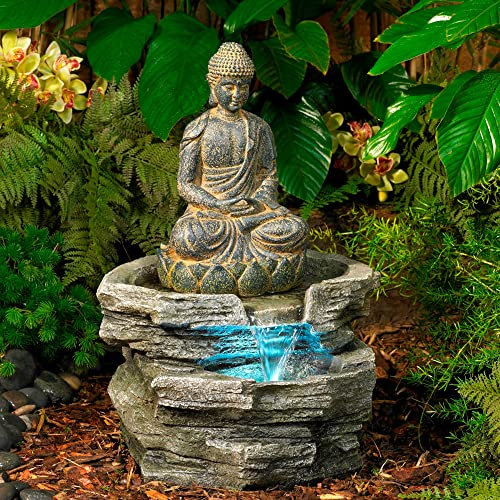 Sitting Buddha 21 High Large Zen Asian Indoor Outdoor Decor Faux Stone Floor Fountain with Light LED Standing Waterfall Water Feature for Outside Garden Patio Yard Backyard Porch - John Timberland