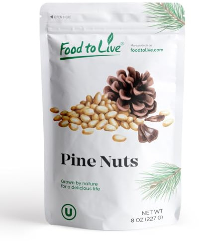 Food to Live - Pine Nuts, 8 Ounces - Whole Raw Pignolias, Unsalted, Kosher. Rich in Vitamin E, Protein. Great for Pesto, Salads, Homemade Desserts.