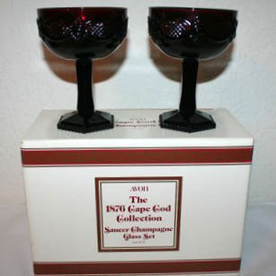 Avon Cape Cod Saucer Champagne Wine Glasses Ruby Red Set of 2