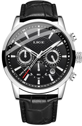LIGE Mens Watches Leather Wrist Watch for Men Analog Dress Gents Chronograph Vintage Waterproof Men's Analogue Work Casual Luminous 3ATM Business Classic Quartz with Date Display