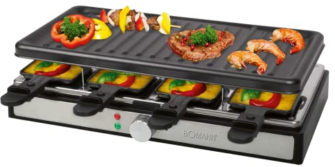 Bomann RG 6039 CB - Raclette para hasta 8 personas con placa antiadherente grande (42 x 21 cm) y 8 sartenes + espátula de madera, 1400 W