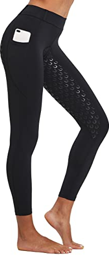 FitsT4 Sports Damen Reitleggings Silikon Vollbesatz Reithose mit Handytasche und Gürtelschlaufen,Schwarz,Gr.L