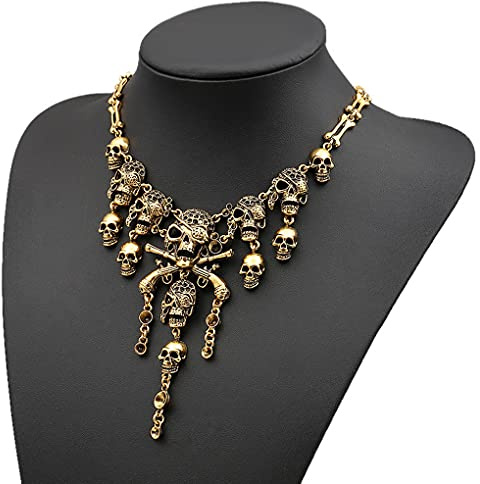 YJZQ Vintage Halloween Skull Bone Necklace Jewellery Women Pirate Cosplay Fancy Dress Costume Accessory, Golden A