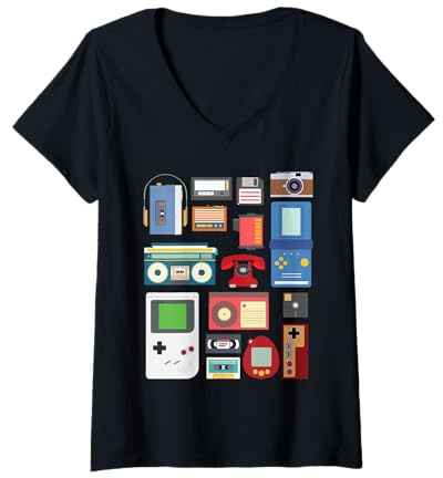 Femme Rétro / Vintage technologie des années 90 vieux gadgets cadeau T-Shirt avec Col en V