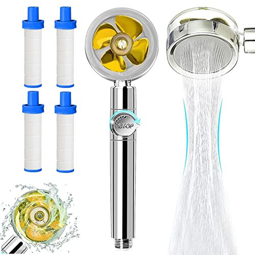 Wassersparende Hochdruck-Dusche, Propeller-Duschkopf mit 4 neuen Upgrades-Filtern, 360 Grad drehbarer Propeller-angetriebener Handbrause, Turbo-Lüfter-Antrieb, Spa-Duschkopf (Gold)
