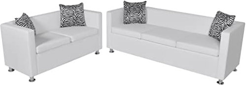 KOIECETA Sofa Set 3-Sitzer + 2-Sitzer Kunstledersofa Loungesofa Couch mit Kissen Weiß