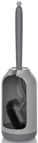 Toilet Bowl Brush Holder Set: Bathroom Deep Cleaning Toilet Cleaner Scrubber Under Rim with Curved Bristle for Dead Corner Clean - Hidden Modern Rv Toilet Decorative Accessories with Caddy - Grey