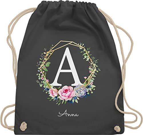 Turnbeutel Rucksack - Initialen - Personalisierte Geschenke Frauen I Geschenkideen Mädchen mit Namen I Geschenke Freundin - Unisize - Dunkelgrau - schulkind beutel buchstaben blumenkranz