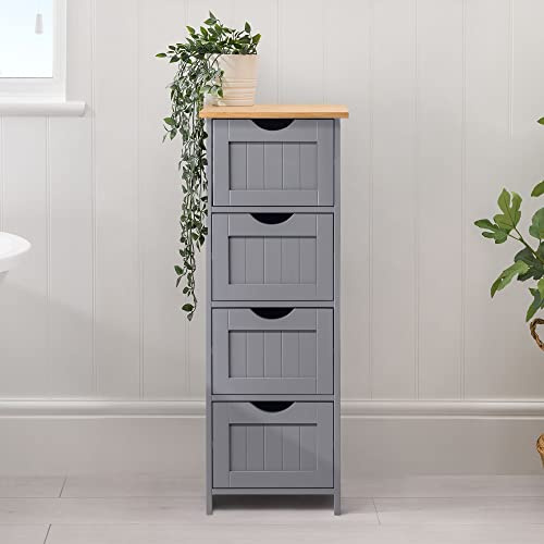 CHRISTOW Grey Bathroom Drawers, Wooden 4 Drawer Storage Unit, Free Standing Floor Cabinet, Shaker Style with Bamboo-Effect Top, H82cm x W30cm x D30cm