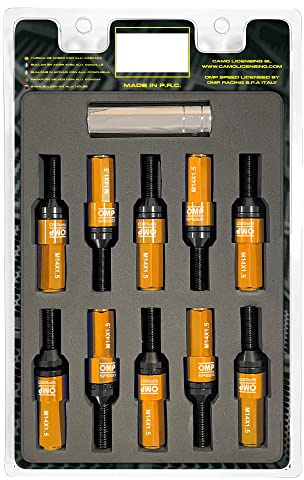OMP SPEED Set 20 Radschrauben schwarz mit metrischer M14X1,5 Schlüssel 17-19 lang Gewinde 28 mm mit orangefarbenem Aluminium 7075 + DIN 12,9