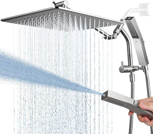G-Promise All Metal 12 Inches Rain Shower Head with Handheld Built-in Power Wash Mode, 3-way Diverter with Pause Setting, 11 Inches Adjustable Extension Arm with Lock Joint, Long Hose (Brushed Nickel)