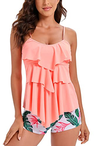 Flyily Tankini i 2 delar, baddräkt med volanger, överdel med tryck, pojkshorts, plusstorlek, badkläder, Orange, XL
