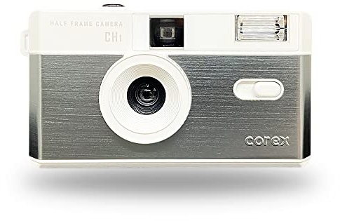 Corex Demi-cadre réutilisable 35 mm appareil photo CH1, flash intégré et compatible avec film de 35 mm (film et batterie non inclus) (gris minuit) édition limitée - filtres bleus et jaunes gratuits