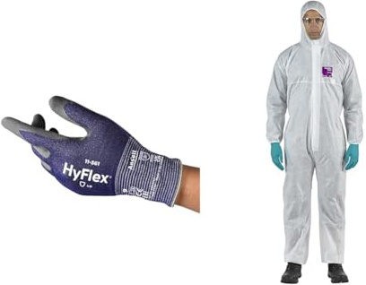 Hyflex 11-561 Gant De Protection Mécanique Résistant, À Usages Multiples, Bleu Foncé, Taille S (1 paire) + AlphaTec 1500 Model 138, Combinaison de Travail Jetable, Blanc, Taille XL (1 Pièce)