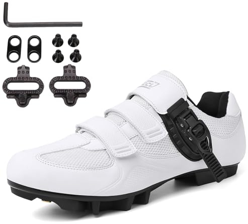 PENXZT Uomo Scarpe MTB Scarpe da Mountain Bike per Bici da Strada, Compatibili con Pedali SPD 2 Bulloni con Tacchette, Scarpe da Equitazione,White b,44 EU