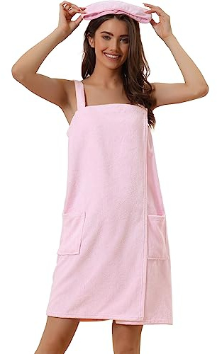 cheibear Damen Bademantel Kleid Frottee Saunakilt Saunatuch mit Tasche und Klettverschluss Spa Dusche Handtuch Bademantel Rosa XS