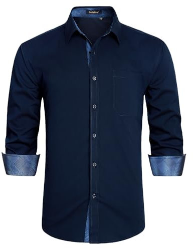 Enlision Navy Blue Shirts for Men UK Cotton Mens Shirt Long Sleeve with Chest Pocket Stretch Contrast Printed Cuffs for Spring Summer XL