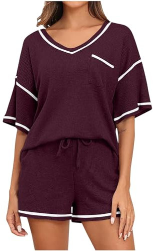 NSICBMNO Lounge-Sets für Damen, zweiteiliges Outfit, Pyjama-Set, übergroße T-Shirts und elastische Taille, Shorts, Sommer-Kombinationssets mit Taschen, Tunika, Tops, weites Bein, Shorts,
