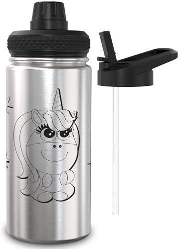 TAKWAY Isolierte Trinkflasche Kinder Edelstahl 0,5L mit 2 Aufsätzen - Auslaufsichere Edelstahl Trinkflasche mit Strohhalm 500ml - BPA frei - Schule, Sport (Einhorn)