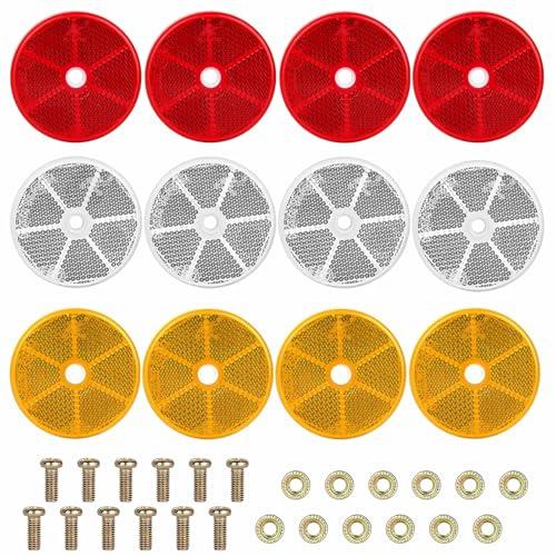 YTSMFL Lot de 12 catadioptres arrière, ronds, 60 mm, pour vélo, remorque, moto, réflecteurs latéraux E4, arrière pour scooter, orange, rouge, blanc