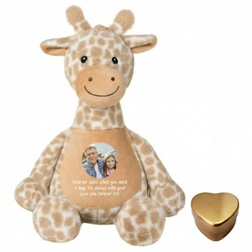 Recuerdo personalizado para cenizas con foto de jirafa, urna de metal en forma de corazón, recuerdo conmemorativo de duelo, foto y mensaje personalizados, regalo de condolencias
