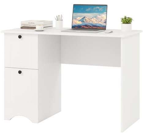 GIANTEX Scrivania per computer in legno con 2 cassetti, 109 x 50 x 75 cm, tavolo da lavoro salvaspazio, scrivania per ufficio, camera da letto (bianco)