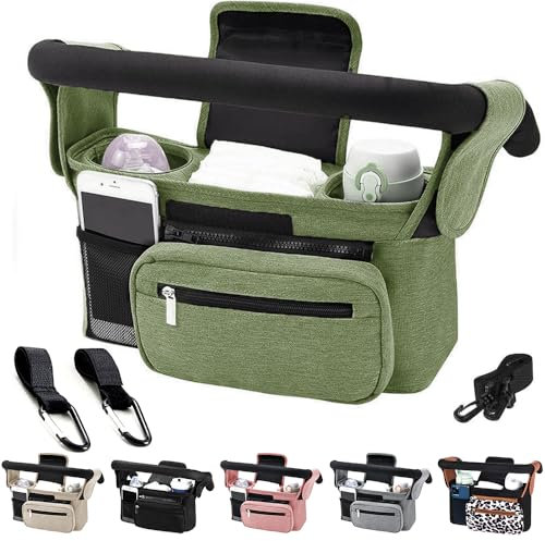 Tyuodna Kinderwagen Organizer Universal,Buggy Tasche mit 2 Isolierten Getränkehaltern, Große Kapazität & Abnehmbarer Schultergurt, Rutschfeste Haken für Kinderwagen/Buggy (Grün)