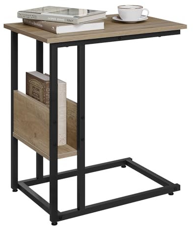 WOLTU Beistelltisch C Form, Couchtisch mit Stauraum, Wohnzimmertisch klein, Vintage Sofatisch mit Metallgestell, Industrial Design, Graue Holzoptik