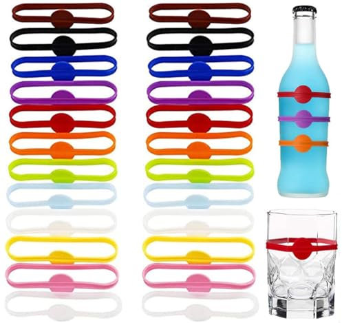 BOBOZHONG Marqueur Verre Silicone,24 De Marqueurs De Verre à Vin En Silicone,Coloré Marqueurs De Boissons,Réutilisables Marqueur De Verre à Vin Colorés Pour Verre à Champagne