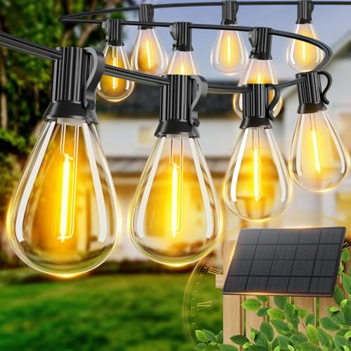 luckystyle 50FT Solar String Lights Outdoor Waterproof with 18+1 LED Bulbs Long Last for 20+Hrs, Commercial Grade Shatterproof USB Patio Solar Powered Lights for Camping，Backyard, Garden, Porch Decor