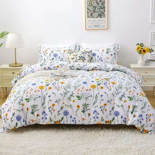 Mooreeke Duvet Cover Queen Size, 3 Piece Dandelion Floral Duvet Cover Set with Zipper Closure, Soft & Breathable Microfiber Botanical Patterned Bedding Set with 4 Corner Ties and 2 Pillow Shams