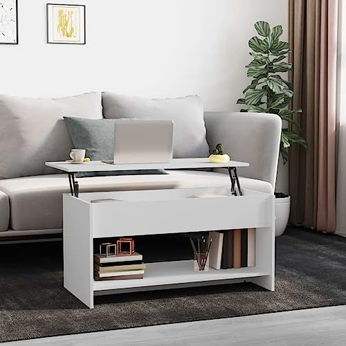 Mesa de Centro, Material Madera Contrachapada, Diseño Moderno con Almacenamiento Oculto y Tablero Ajustable, Mesa Auxiliar Sofá, Mesita Comedor, para Salón o Habitación, Color Blanco, 102x50x52.5 cm
