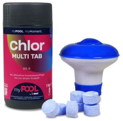 myPOOL Chlor MultiTabs Mini 20g 1kg inkl Dosierschwimmer - 4in1 Poolpflege für Minipools ab 2000l - Dauerchlorung Algenverhütung Trübungsbeseitigung pH Stabilisator