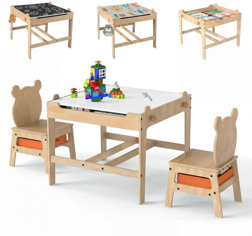 GOPLUS Barnbord med 2 stolar, 4-i-1-bordsstolset med dubbelsidig whiteboard & tavla, barnstolsgrupp med tygkorgar, förvaringsutrymme, målbord trä, aktivitetsbord för läsning, mat, lek (panda)