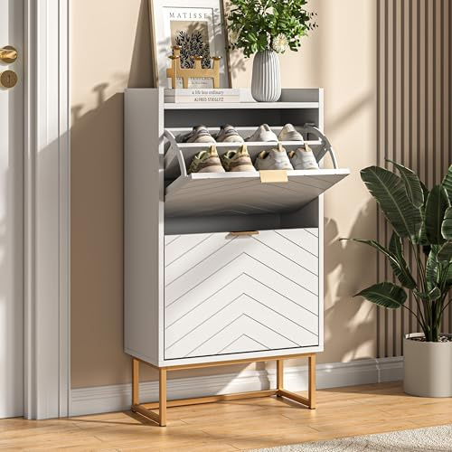 UEV Slim Shoe Storage Cabinet with 2 Flip Drawers, Hidden Shelf & Modern V-Line Design – Shoe Organiser for Hallway, Entryway or Bedroom, White