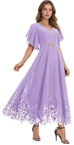 Vestido de gasa para madre de la novia con mangas de encaje y cuello en V, vestido formal de fiesta, vestido de invitada de boda, Lila, 40