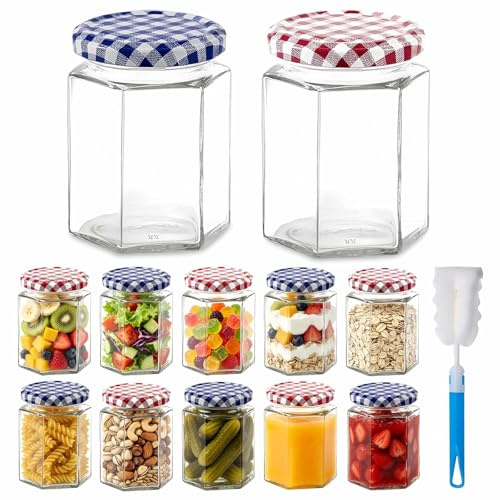 Glass Jam Jars 12Pack Hexagonal Storage Glass Jars with Screw Top 280ml/9oz | Red and Blue Gingham Lids Clear Airtight Preserving Glass Jars with Brush, for Marmalade Honey Spices Pickle Chutney
