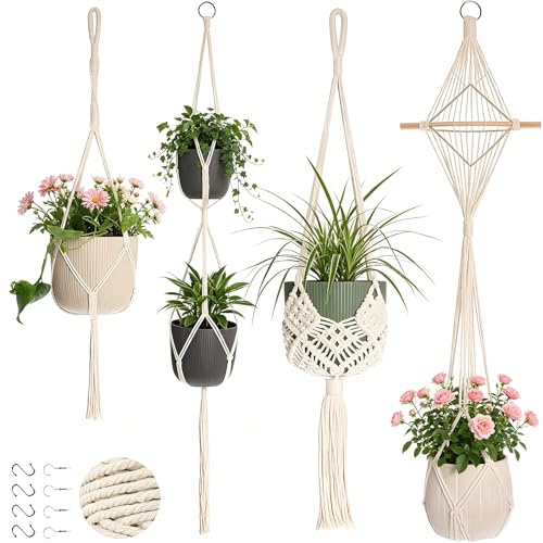 4er Makramee Blumenampel Hängend Innen,Boho Deko Makramee Hängepflanzgefäße