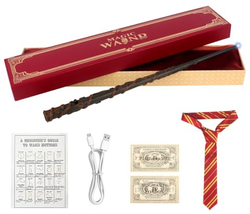 Hojalis Hermine Zauberstab mit Licht, 38cm Zauberstab Hermine Granger mit USB Aufladung, Zauberspruch-Karte, Stationsticket und Kravatte, Wiederaufladbar Magic Wand für Spielzeug Cosplay