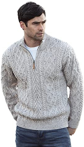 Aran Crafts Men's Irish Soft Cable Knitted Wool Zip Neck Jacket (X4295-LARGE-OAT) Oatmeal