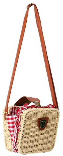 Wicker Basket Crossbody Rattan Bag Clutch | Women's Woven Straw Handbag | Gingham Picnic Basket Costume Accessory ST