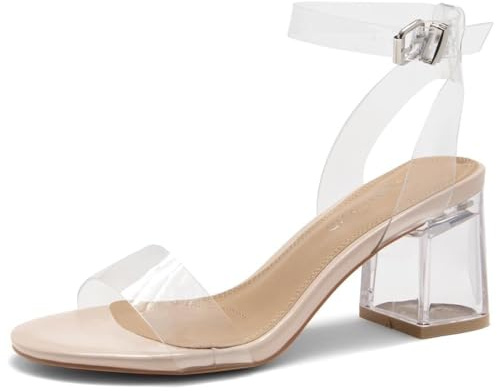 Shoe Land SL-AMAYA Damen Offener Zehenbereich Knöchelriemen Chunk Niedriger klarer Absatz Kleid Pumps Sandalen, Clearnude, 37.5 EU