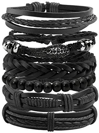 Manfnee 6PCS Geflochtenes Lederarmband für Männer Frauen Holzperlen Manschette Wickelarmband Einstellbar