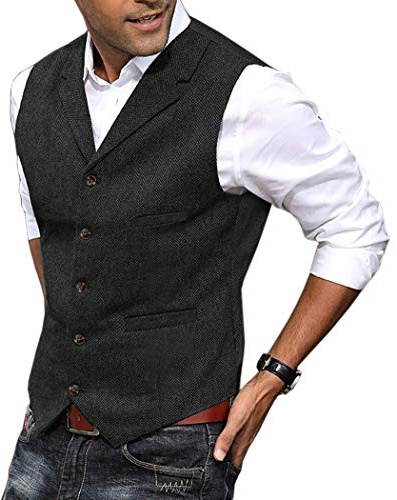 HSLS Chaleco para hombre Chaleco de traje de tweed de lana suave informal Chaleco de espiga para padrino de boda Mejor hombre(S, Negro)